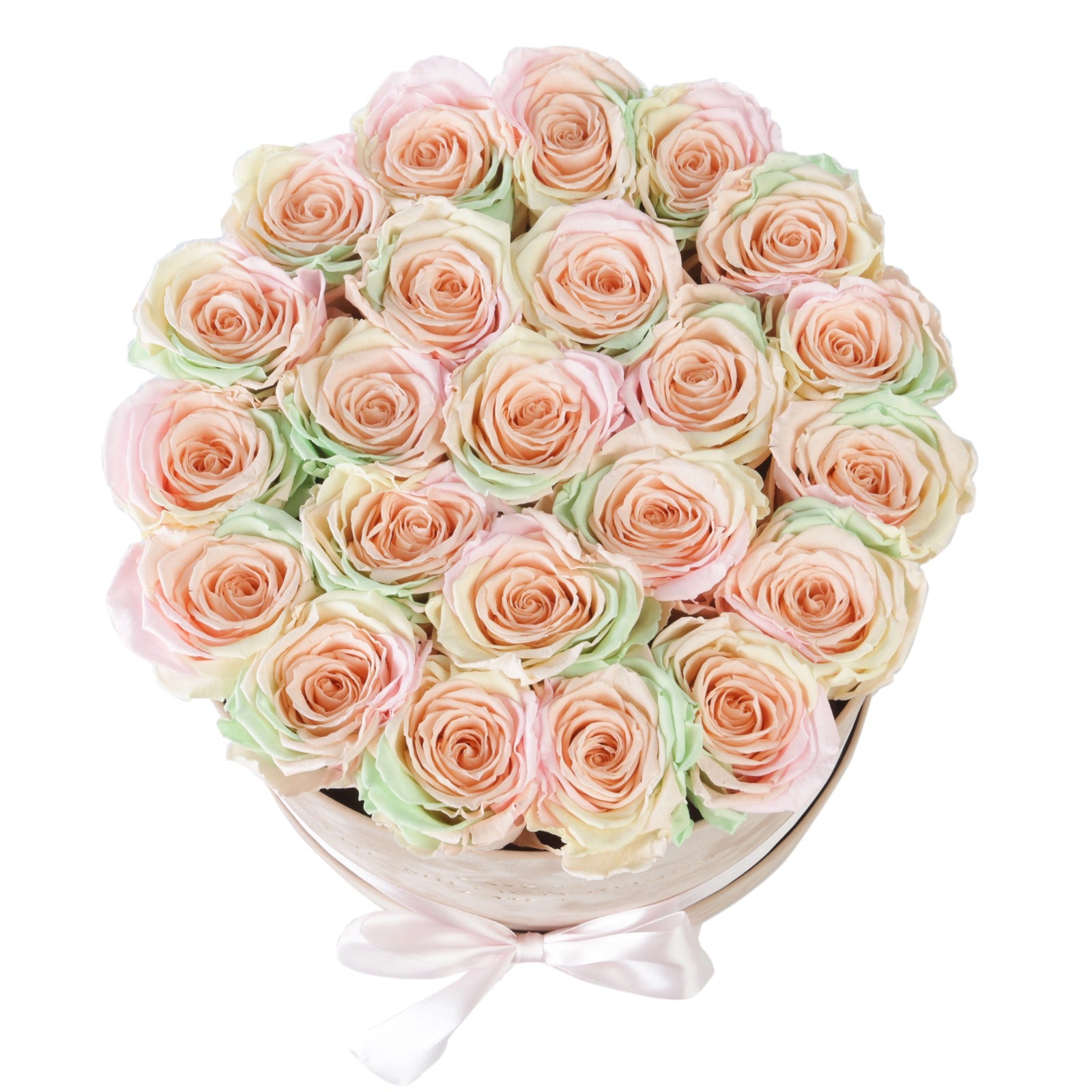 Aranjament de trandafiri criogenati Rainbow Nude- cutie medie de catifea crem