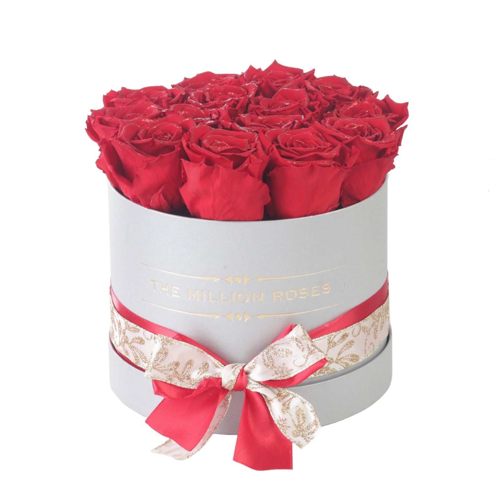 Trandafiri criogenati rosii in cutie mica argintie-Colectia de Craciun