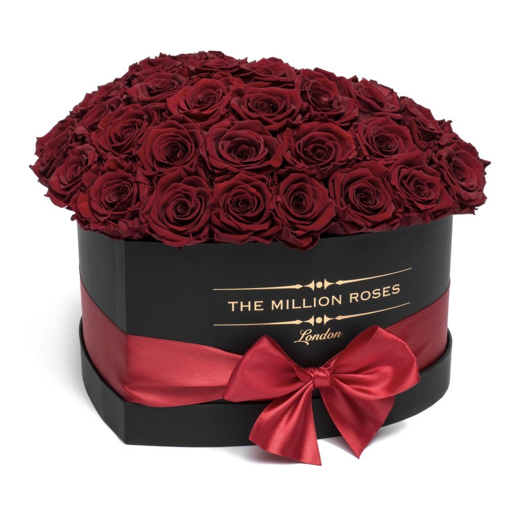 TRANDAFIRI CRIOGENAȚI ROȘII ÎN CUTIE ‘THE MILLION HEART’ TIP INIMĂ NEAGRĂ