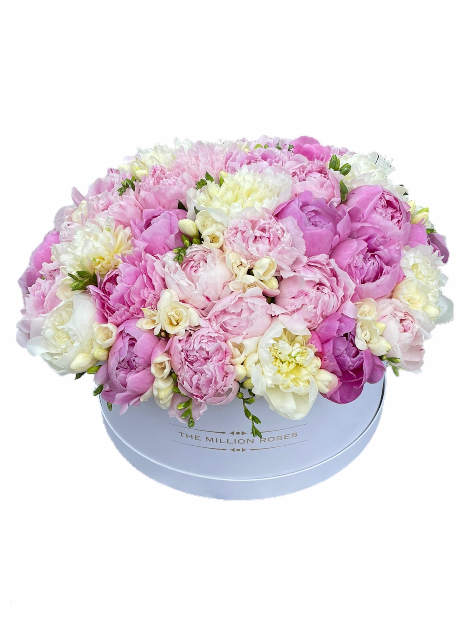 Aranjament din bujori si frezii in cutie mare-Luxury edition