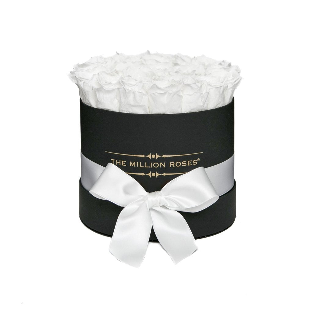 TRANDAFIRI CRIOGENAȚI ALBI ÎN CUTIE NEAGRĂ MICĂ