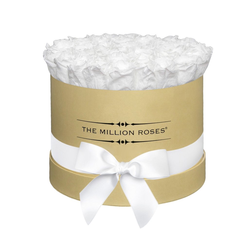 TRANDAFIRI CRIOGENAȚI ALBI ÎN CUTIE AURIE MEDIE