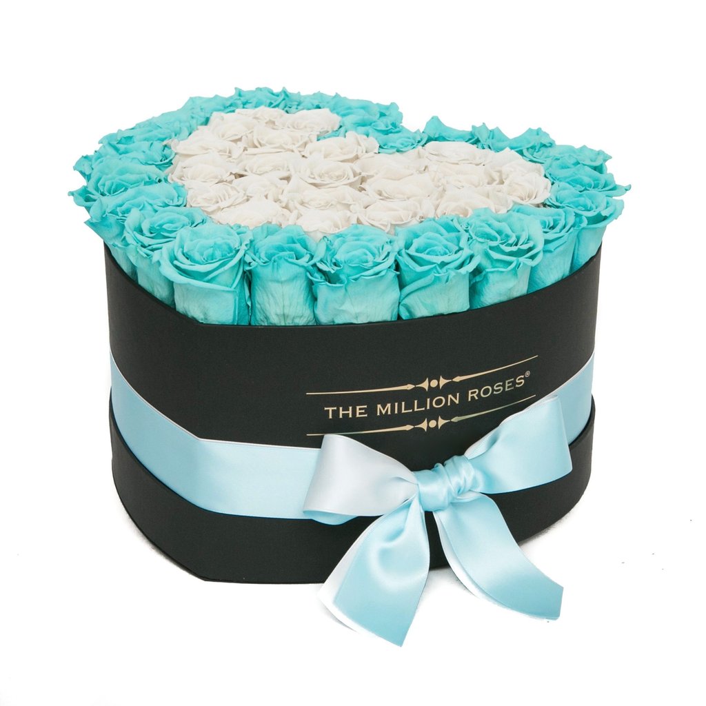 TRANDAFIRI CRIOGENAȚI  TIFFANY ȘI ALBI ÎN CUTIE ‘THE MILLION HEART’ TIP INIMĂ NEAGRĂ