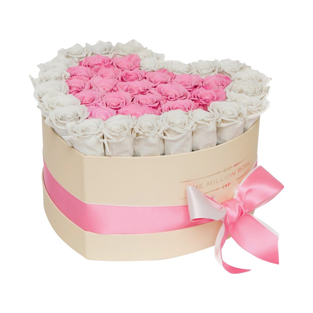 TRANDAFIRI CRIOGENAȚI ROZ-BOMBON ȘI ALBI ÎN CUTIE THE MILLION HEART’ TIP INIMĂ VANILLA CREM