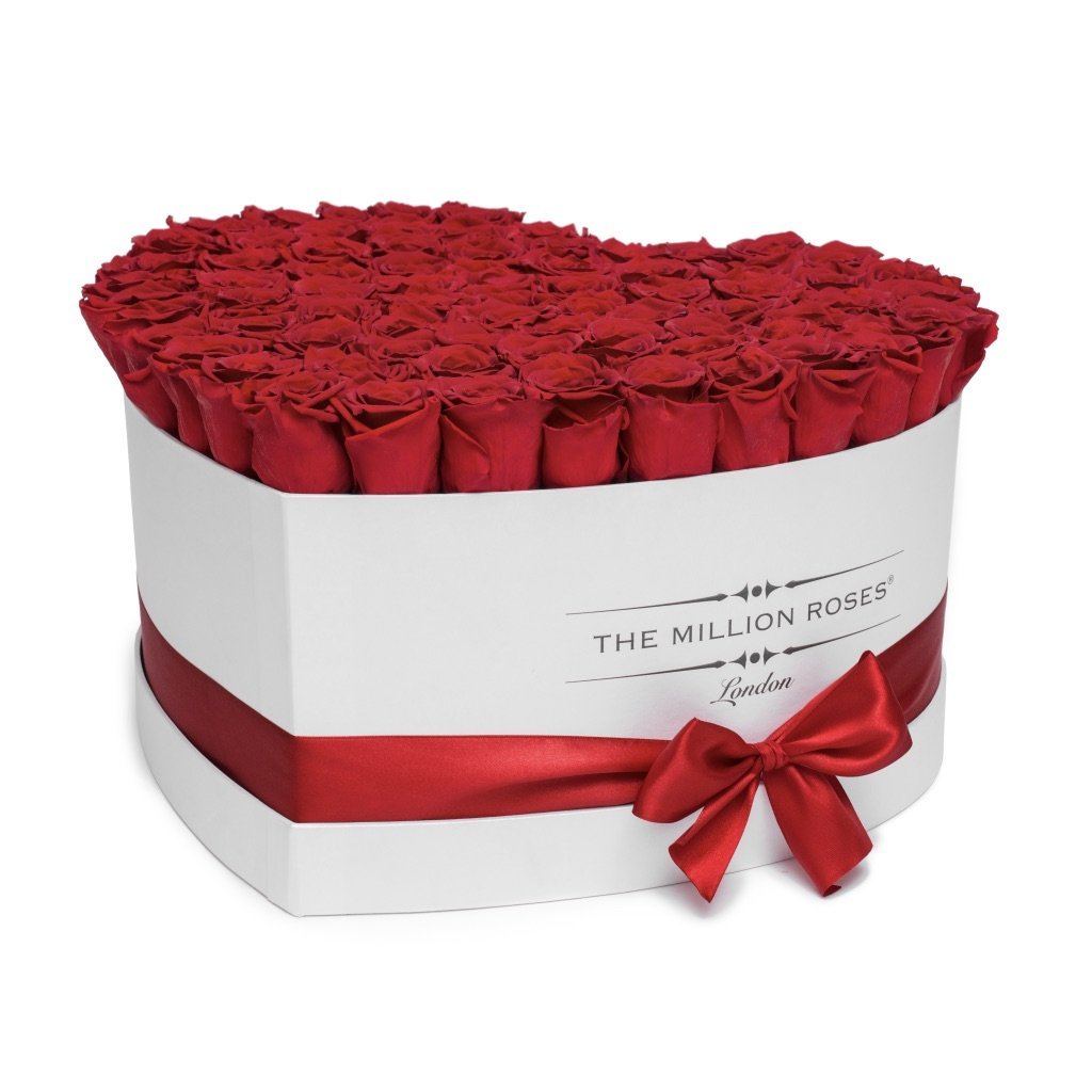 TRANDAFIRI CRIOGENATI ROSII IN CUTIE ALBA TIP INIMA THE MILLION LUXURY GIGANT