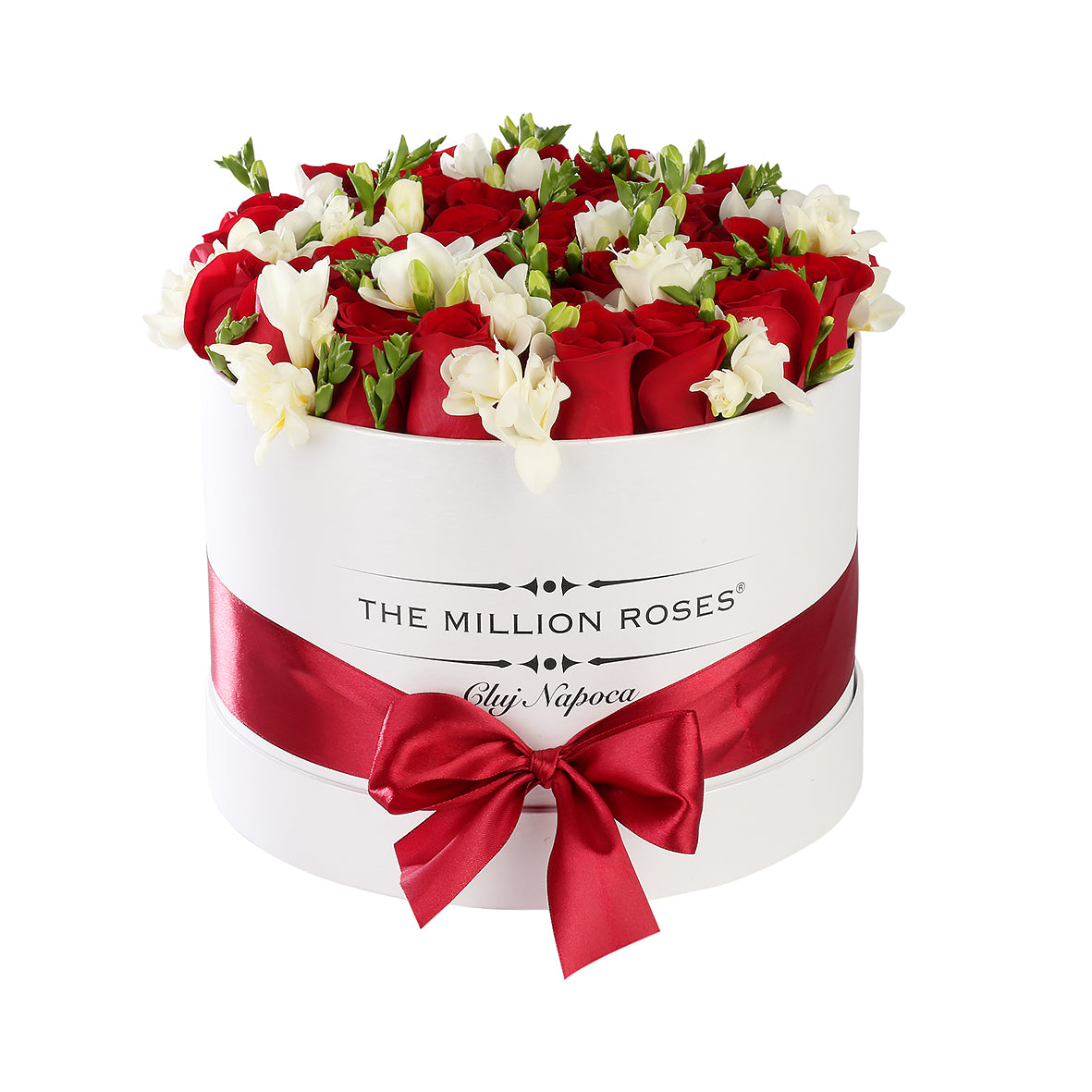 buchet trandafiri si frezii, trandafiri rosii in cutie alba, buchete trandafiri rosii, aranjamente cu trandafiri in cutie