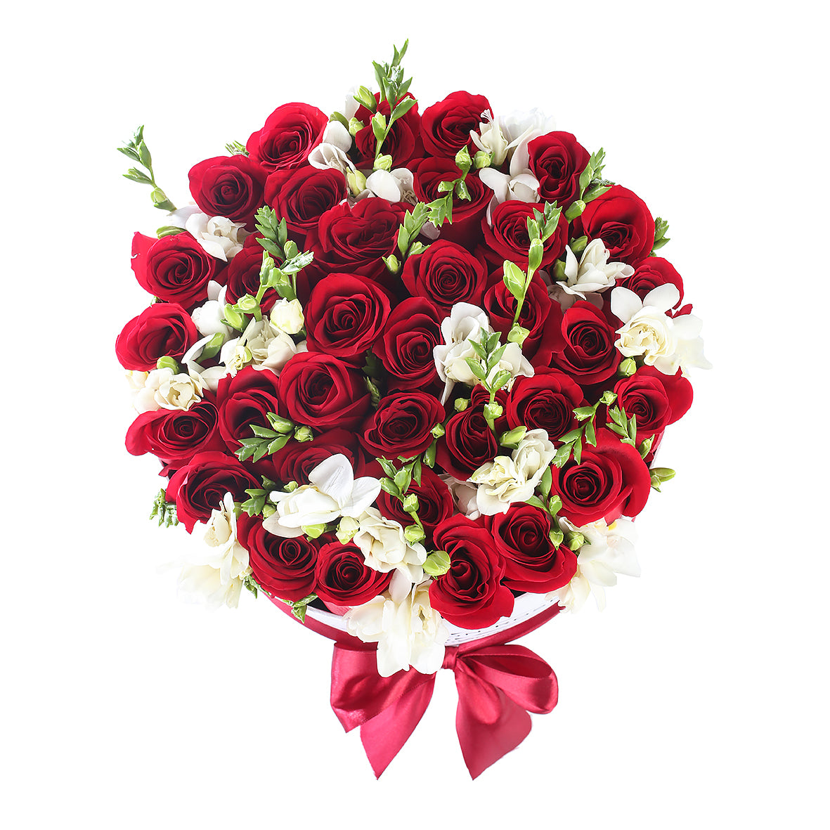 buchet trandafiri si frezii, trandafiri rosii in cutie alba, buchete trandafiri rosii, aranjamente cu trandafiri in cutie, frezii si trandafiri