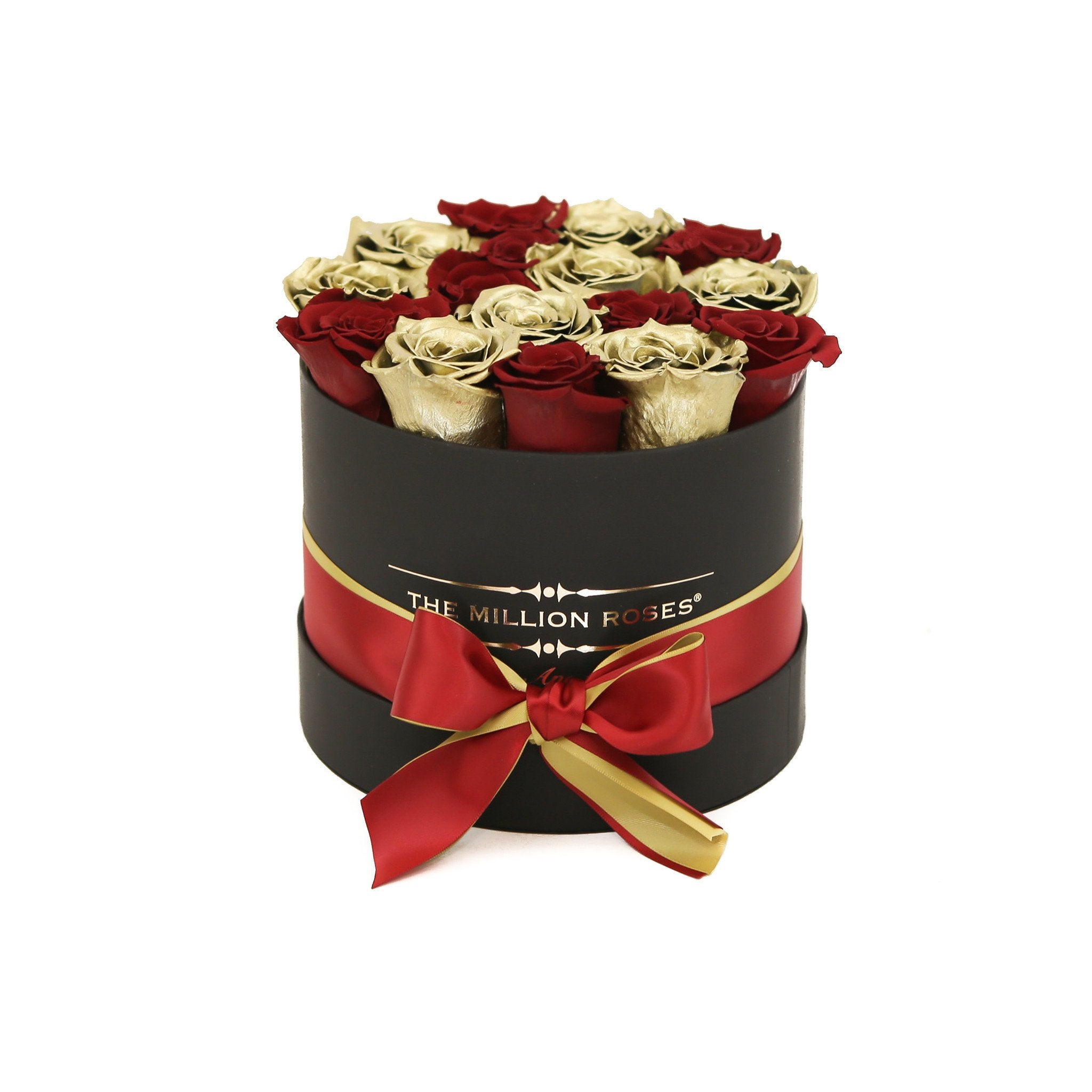 Cutie neagră mică cu trandafiri naturali roșii & aurii - Gold edition