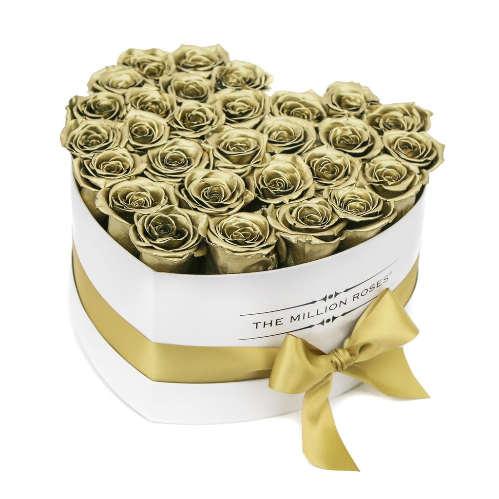 TRANDAFIRI CRIOGENAȚI AURII ÎN CUTIE ‘THE MILLION HEART’ TIP INIMĂ ALBĂ