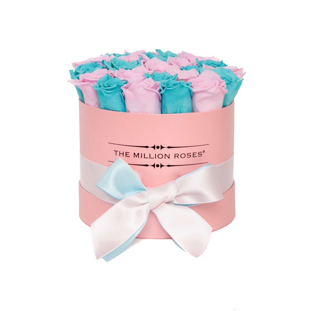 TRANDAFIRI CRIOGENAȚI ALBAȘTRI TIFFANY ȘI ROZ ÎN CUTIE ROZ MIC