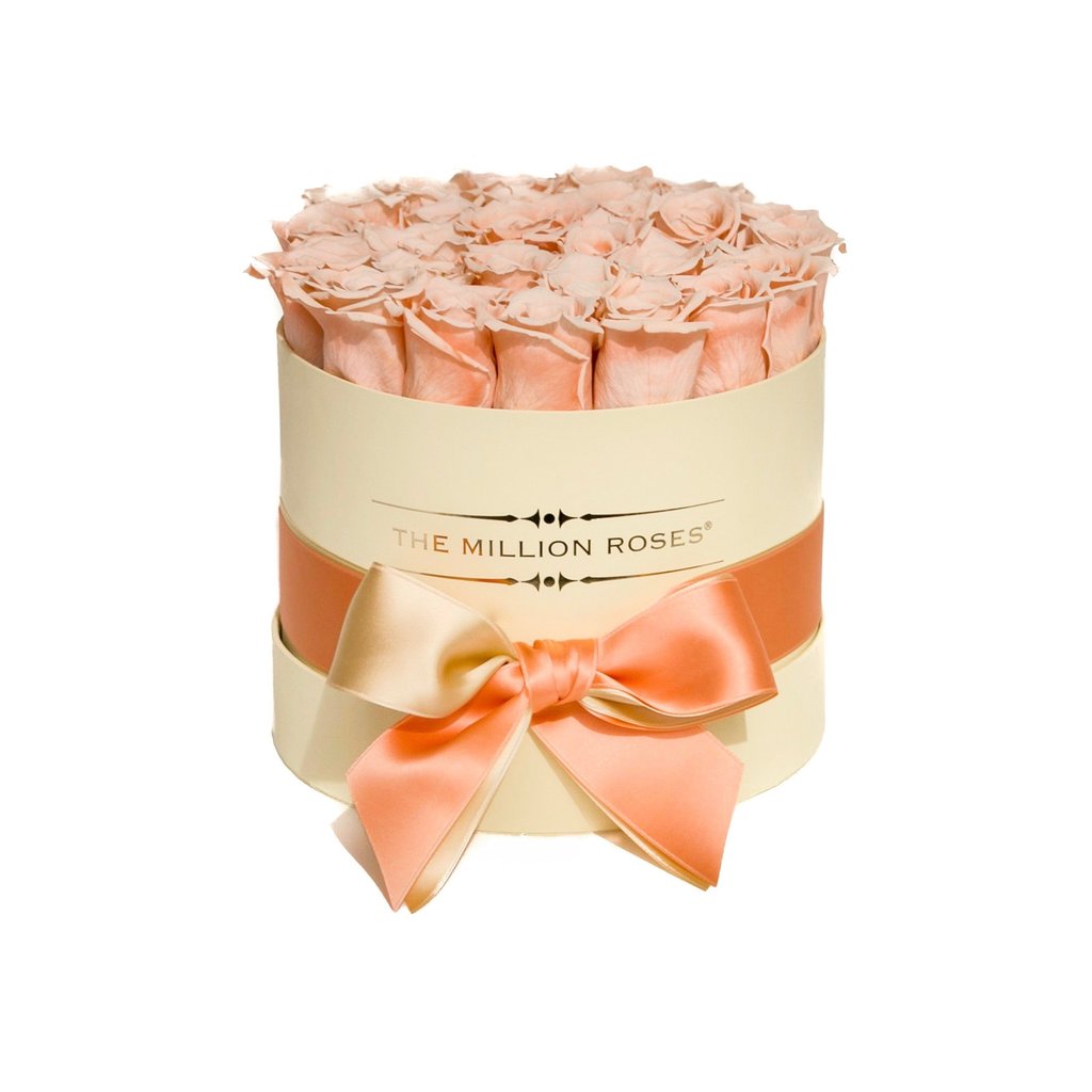 TRANDAFIRI CRIOGENAȚI CULOAREA PIERSICII ÎN CUTIE VANILLA CREM MICĂ