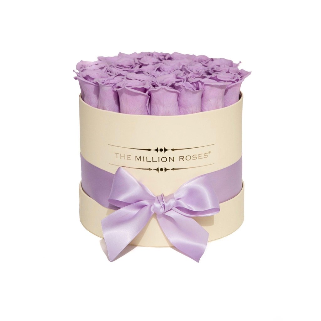 TRANDAFIRI CRIOGENAȚI MOV ÎN CUTIE VANILLA CREM MICĂ