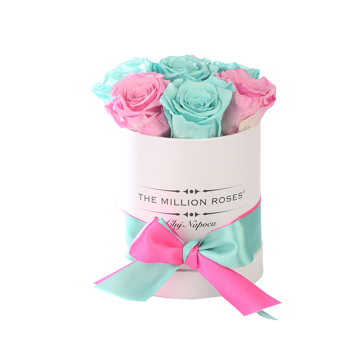 TRANDAFIRI CRIOGENAȚI ROZ SI ALBASTRI TIFFANY ÎN CUTIE VANILLA CREM ‘THE MILLION BASIC’