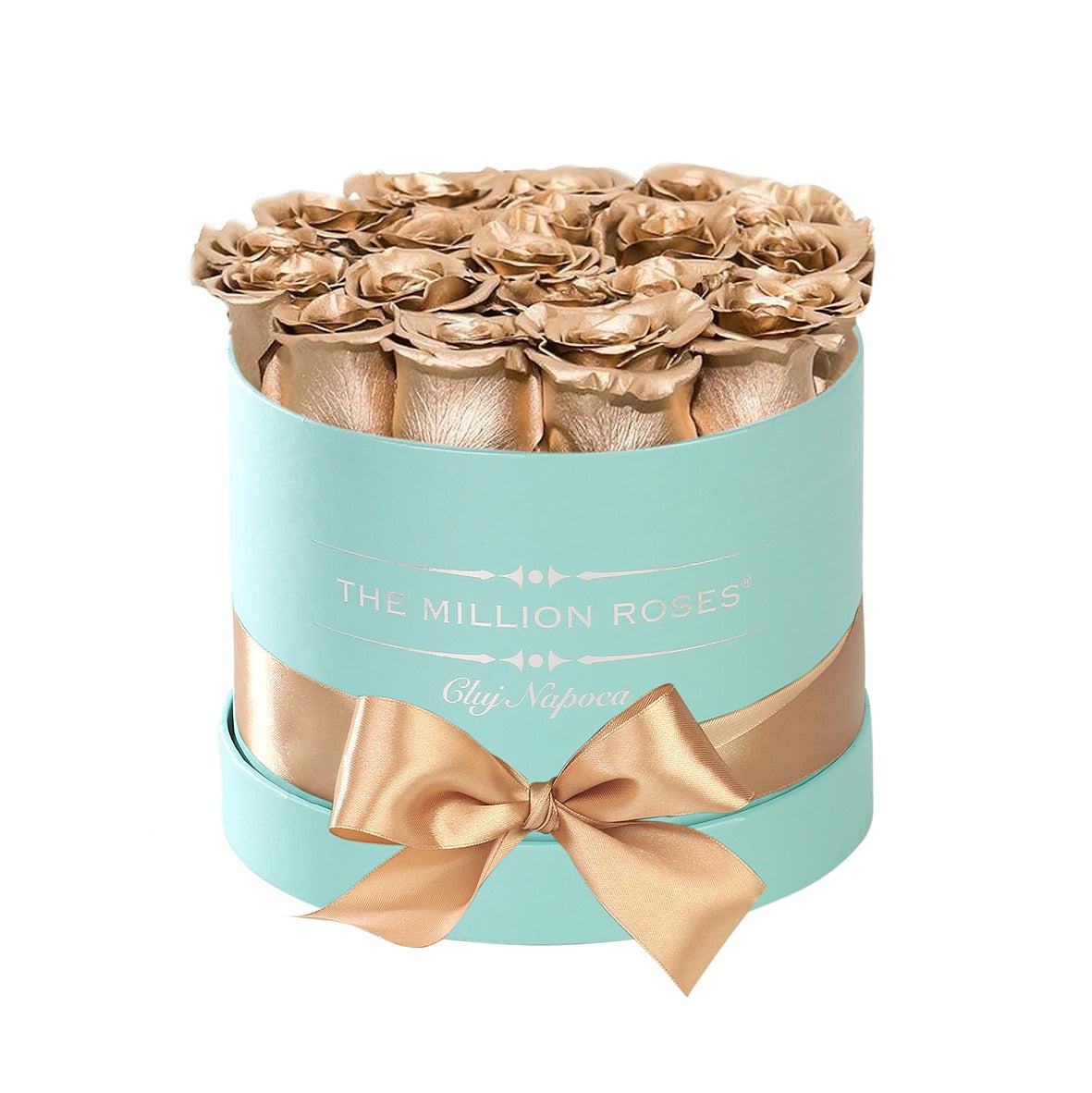 TRANDAFIRI CRIOGENAȚI AURII ÎN CUTIE MICĂ TIFFANY BLUE