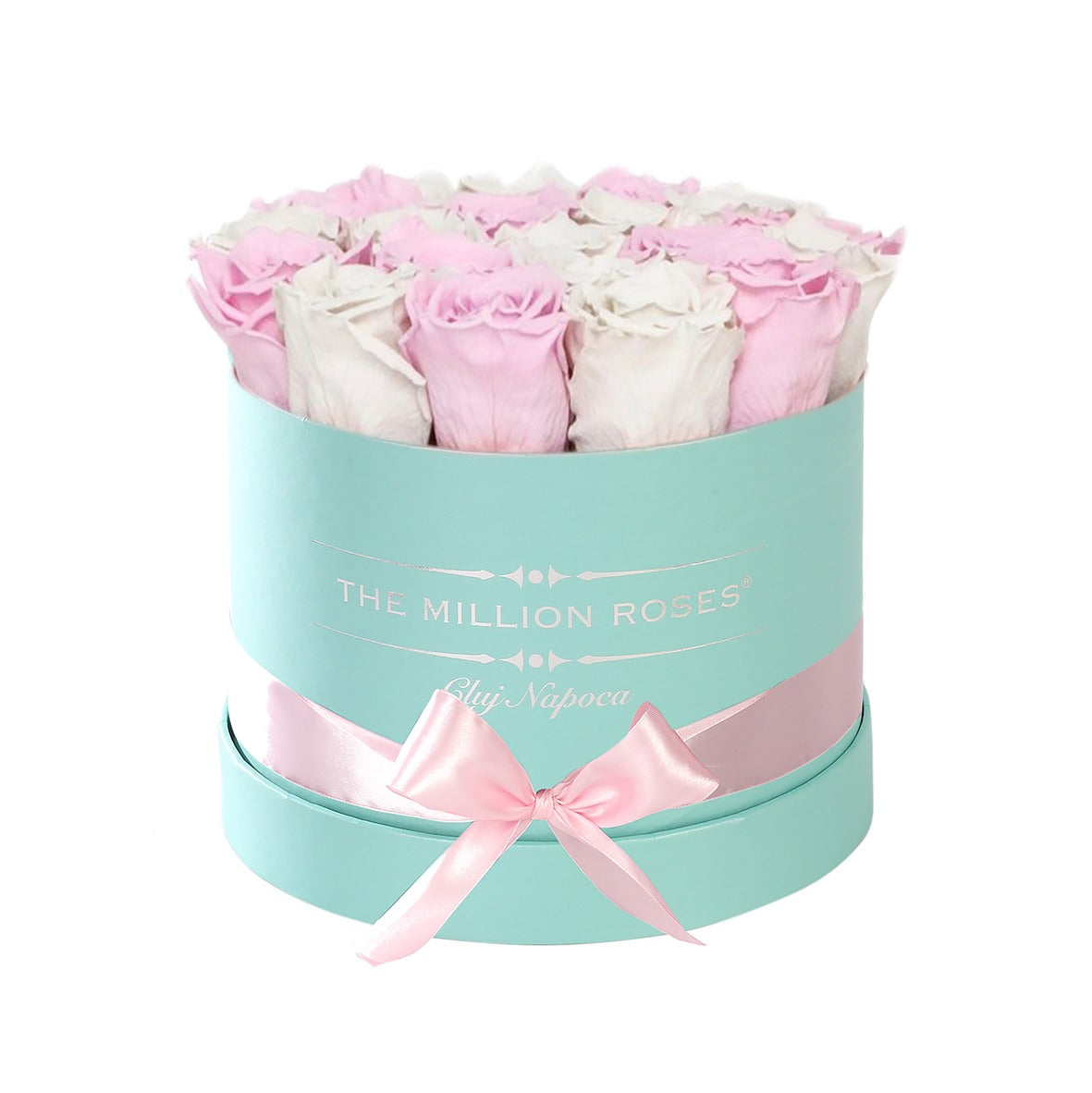 TRANDAFIRI CRIOGENAȚI ROZ/ALBI ÎN CUTIE MICĂ TIFFANY BLUE