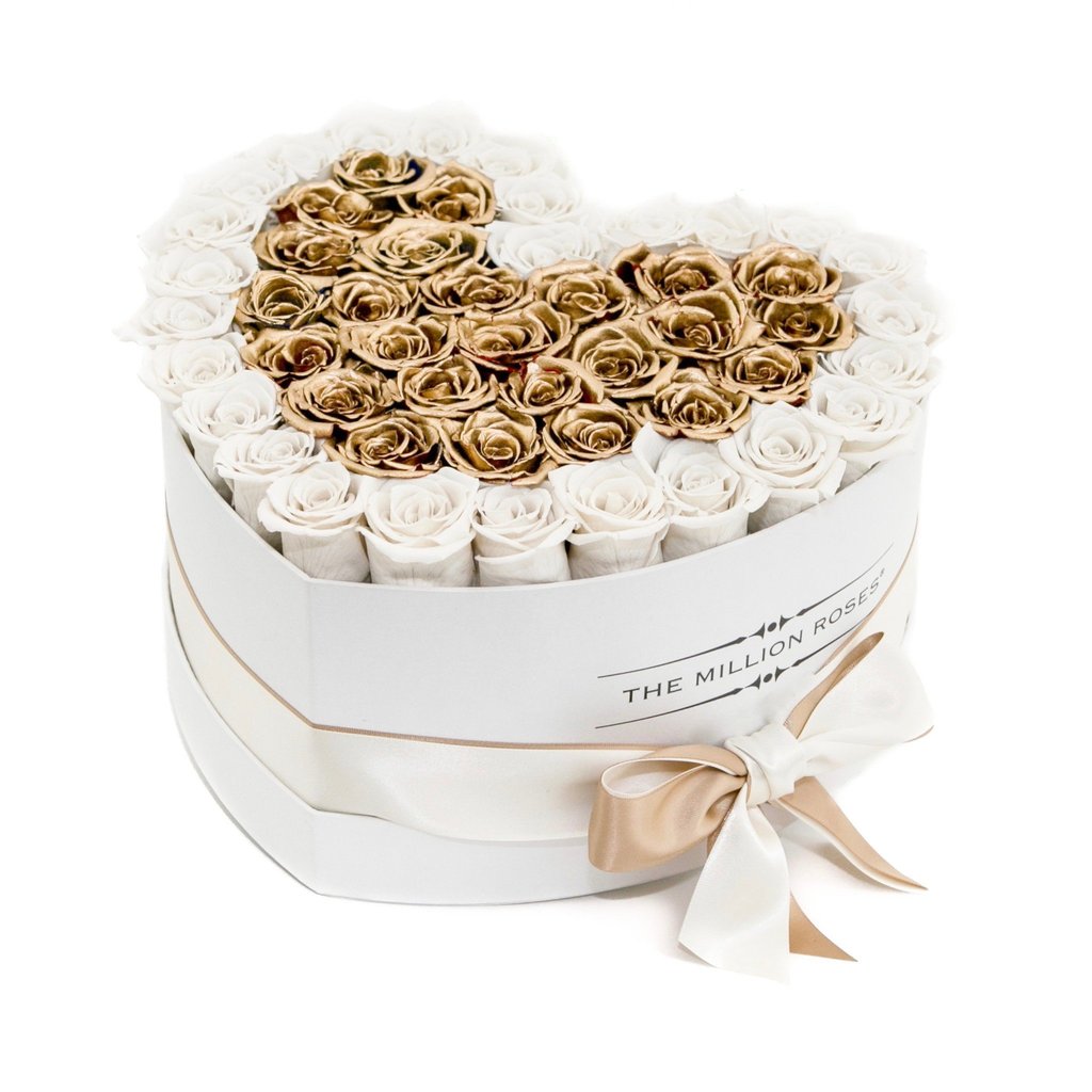 TRANDAFIRI CRIOGENAȚI ALBI/ AURII ÎN CUTIE ‘THE MILLION HEART’ TIP INIMĂ ALBĂ